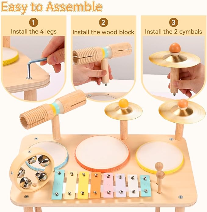 WINGYZ Drum Set for 1 Year Old Toddlers – 10 in 1 Wooden Baby Musical Toys for Kids with Drums, Xylophone, Cymbals, Bell & Tone Block, Montessori Music Instruments Gift for Ages 1-3 2-5