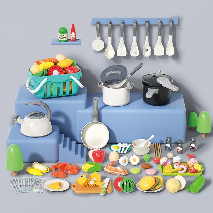 130Pcs Kitchen Playset, Toddler Pretend Cooking Play Pots, Pans, Utensils Cookware, Daily Food Fruit Veges, Shopping Storage Basket, Dessert, Prop Money, Learning Gift for Child (White)