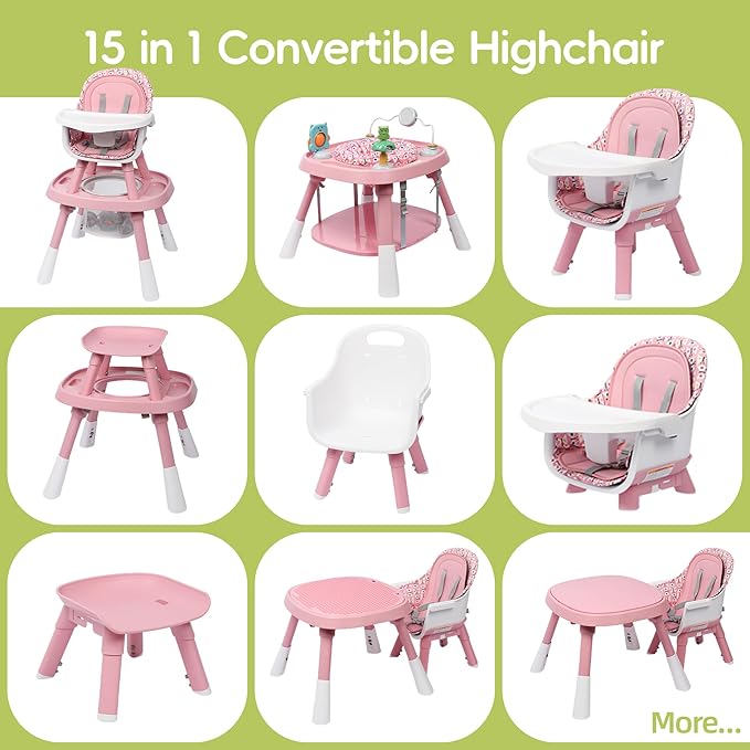 15 in 1 Convertiable High Chair for Babies and Toddlers, 2 in 1 Highchair & Activity Center w/Toys, Booster Seat, Toddler Chair w/5-Point Harness & Removable Tray & 2-Layer Cusion (Pink)