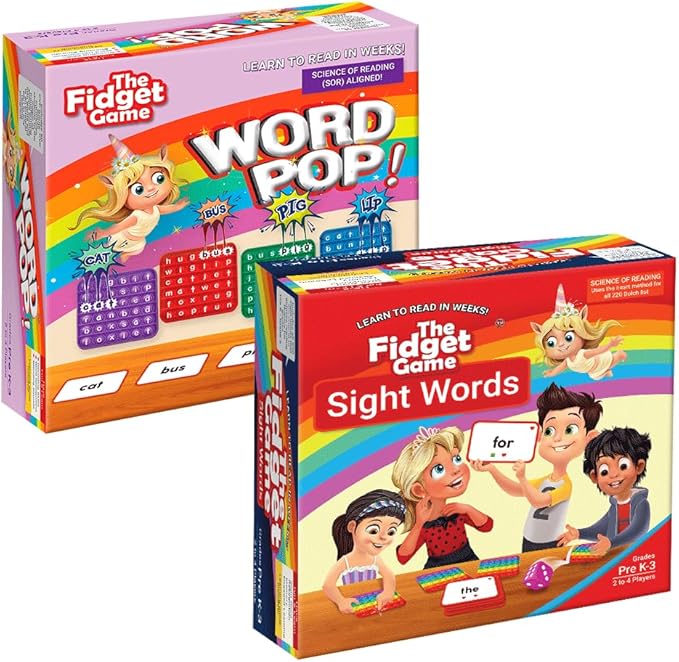The Fidget Game Ultimate Reading Bundle - Flashcards and Pop Fidget Toys for Kids Pre-K to Third Grade - Learning Activities and Games for High-Frequency Dolch Sight Words - Includes Mats and Dice
