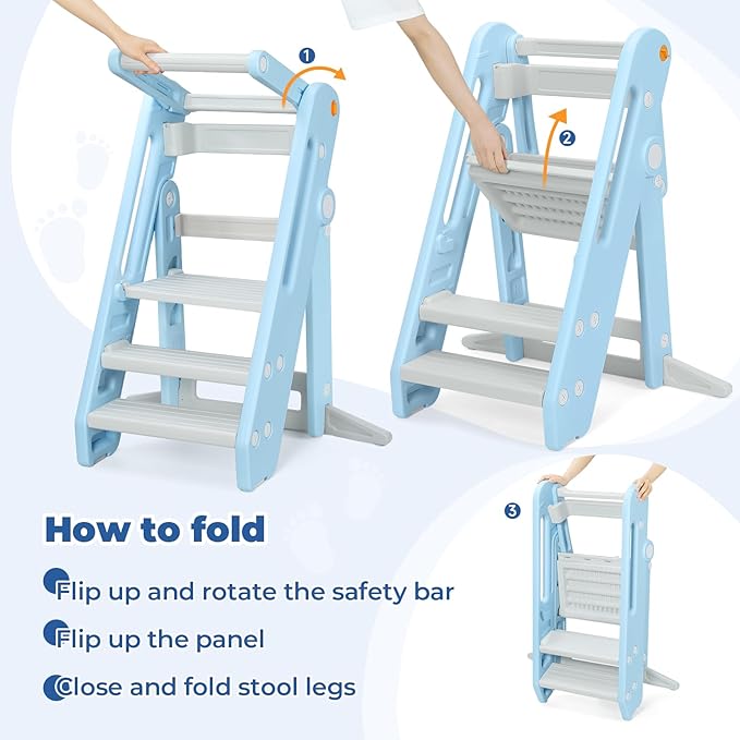 Onasti Toddler Tower Kitchen Stool Helper, Foldable & Adjustable Height Kids Learning Stool for Kitchen Counter Bathroom Sink, Child Ladder for Toddlers with Handles, Safty Rail, Non-Slip Pads-Blue