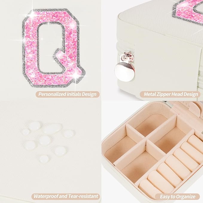 Personalized Jewelry Case for Women Girls - Fashion Mini Jewelry Boxes - Trendy Travel Jewelry Organizer with Initials Letter - Teen Gifts | Cream,Q