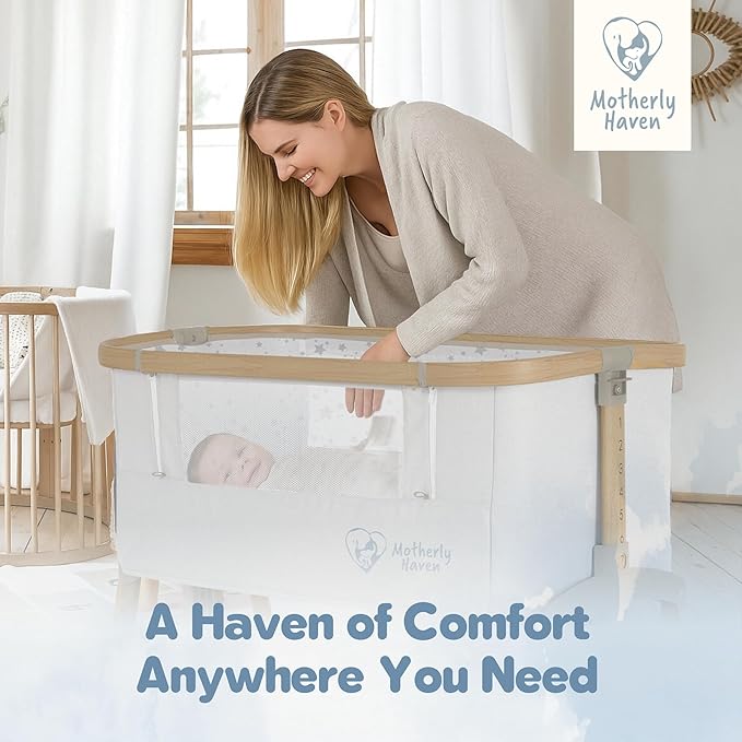 Baby Bassinet Bedside Sleeper, Portable Crib for Newborns, Adjustable 7-Height Auto-Lock, with Wheels, Soft Mattress & Breathable Mesh (White - with Mosquito Net)