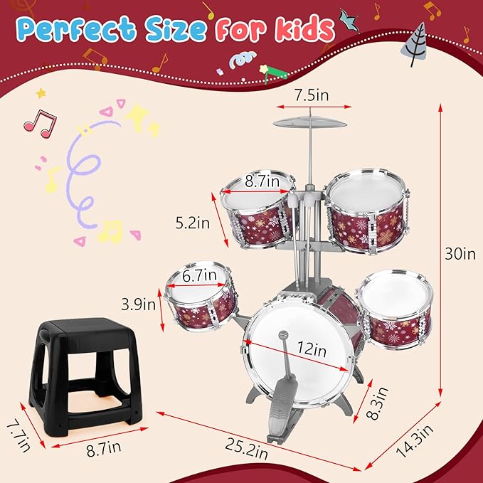 Kids Drum Set for Toddlers 1-3 Musical Jazz Drum with Stool Toys for 2-5 4-6 5-7 Boys Girls Birthday, Red