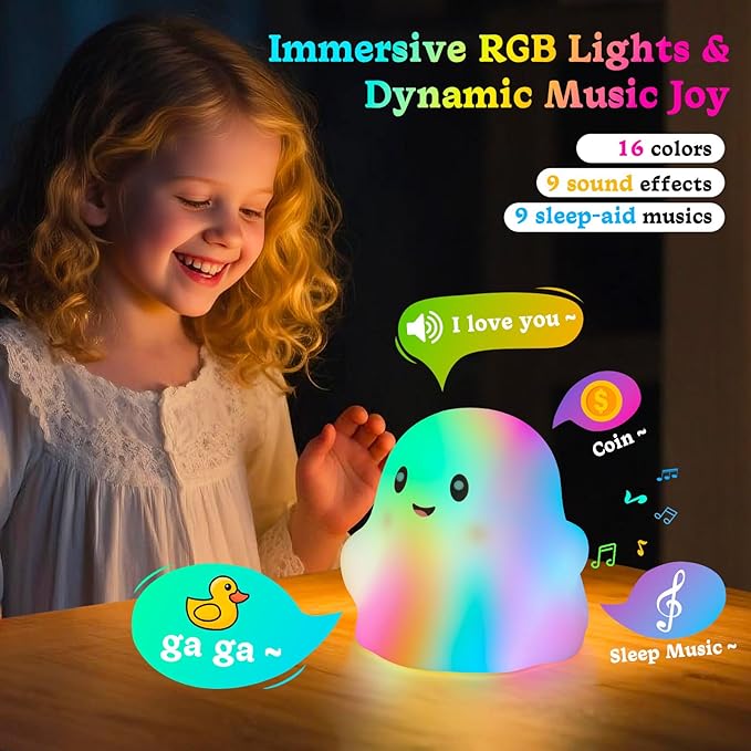 Ghost Night Light for Kids, Silicone Nursery Nightlight, RGB Rainbow Color-Changing/30-Min Timer/Touch Sensor/Rechargeable/Sounds & Sleep Music Halloween Ghost Light Decor Lamp