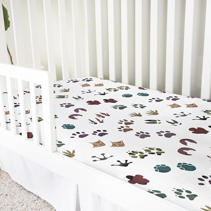 Cute Animals Tracks Baby Crib Sheets 52''x28'' Animals Footprint Snug Fitted Crib Mattress Cover for Boy Girl Wild Animals Soft Baby Bed Sheets for Standard Crib and Toddler Mattresses