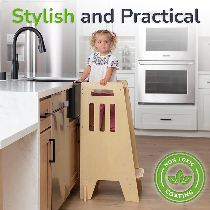 OCODILE Toddler Tower with a Sliding Door and 3 Adjustable Heights - Complete Toddler Kitchen Stool Helper with Support Feet - Safe Design for 18+ Months to 6-Year-Old Kids - Varnished