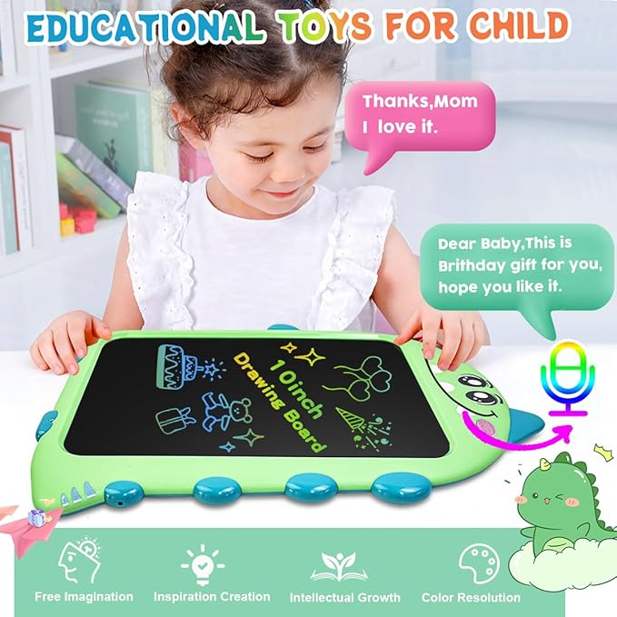 10 Inch LCD Writing Tablet for Kids, Type-C Rechargeable Doodle Board with Dino Sounds, Educational Toy for Toddlers 2-6, Birthday Gifts for 2 Year Old Boy, Toddler Toys for Airplane Travel