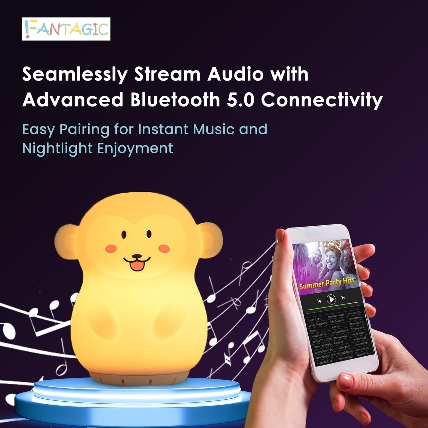 Combined Bluetooth Speaker & Nightlight With 9 Color Emissions, Child Friendly Silicone & BPA Free, USB Recharging, Receives Audio From Computer, Phone Or Tablet, and includes Remote Control (Monkey)