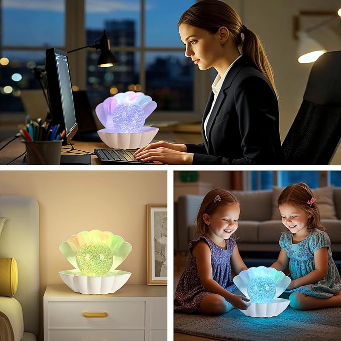 Shell Pearl Beach Themed Night Light, RGB 8 Colors Changing Mood Shell Pearl Lamps, Bedside LED Clamshell Portable Night Lights for Bar (Large White Shell)