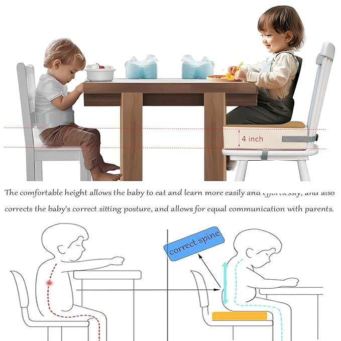 Toddler Dining Table Booster seat, PU Washable Waterproof Double seat Belt Non-Slip Bottom Booster seat for Dining Toddler, Portable Travel Increase Cushion Brown+White