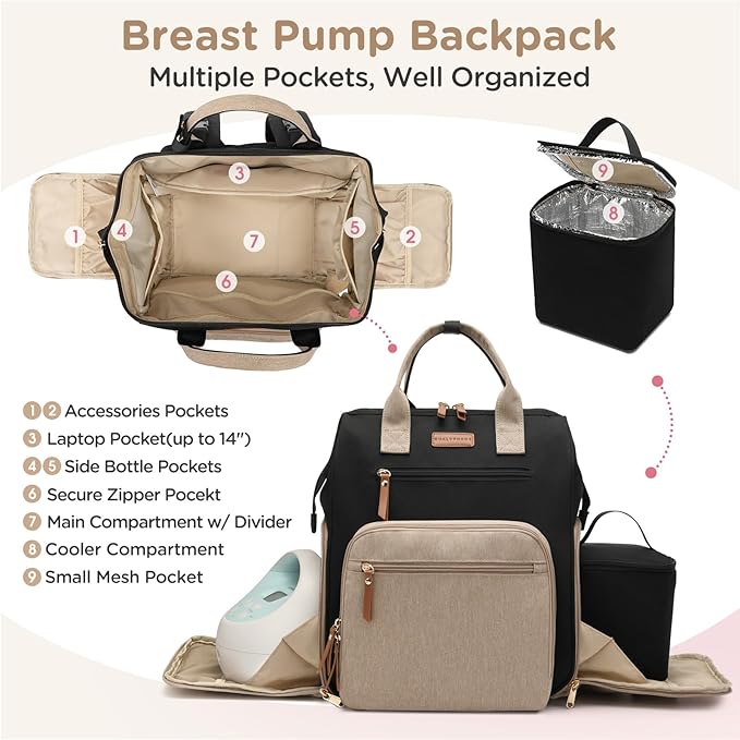 Breast Pump Bag for Spectra S1 S2 Medela, Convertible Large Diaper Bag Backpack for Working Moms with 14 inch Laptop Sleeve & Cooler Storage, Black Khaki