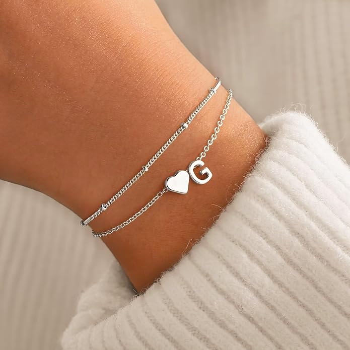 M MOOHAM Initial Heart Bracelets for Women - Layered Dainty 14K-Gold-Plated Heart Letter A-Z Charm Bracelets for Women, Chain Link Charm Bracelets Beaded Bracelets Birthday Gifts Womens Jewelry