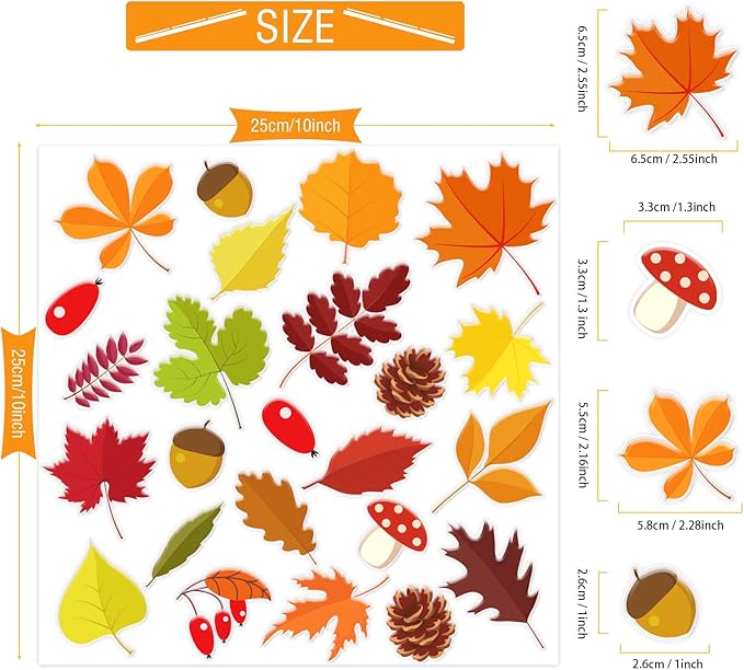 20 PCS Fall Thick Gel Cling Autumn Leaves Window Gel Clings Decals Stickers for Kids, Toddlers and Adults Home Airplane Classroom Nursery Thanksgiving Party Supplies Decorations Removable and Reusable