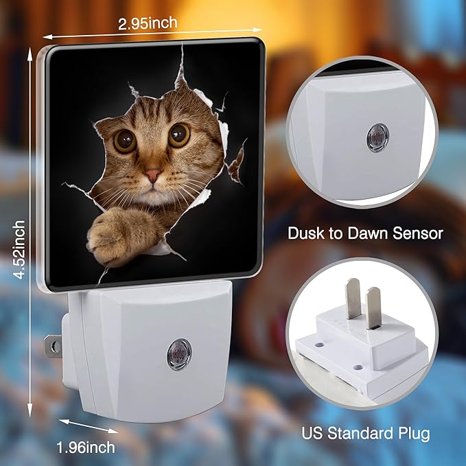 Cat Night Light Cat in Black Hole Plug in Night Lights LED Lamp with Dusk to Dawn Sensor Auto Energy Saving Square Lights for Bedroom Bathroom Hallway Home Wall Decor Nightlight