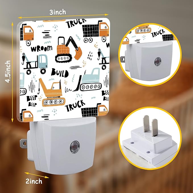 Funny Construction Transport Truck Night Light,Scandinavian style Cars Plug-in Night Light Auto Dusk-to-Dawn Sensor Energy Efficient LED Lamp for Room Decor,Hallway,Kitchen,Bathroom,Nursery,Stairs