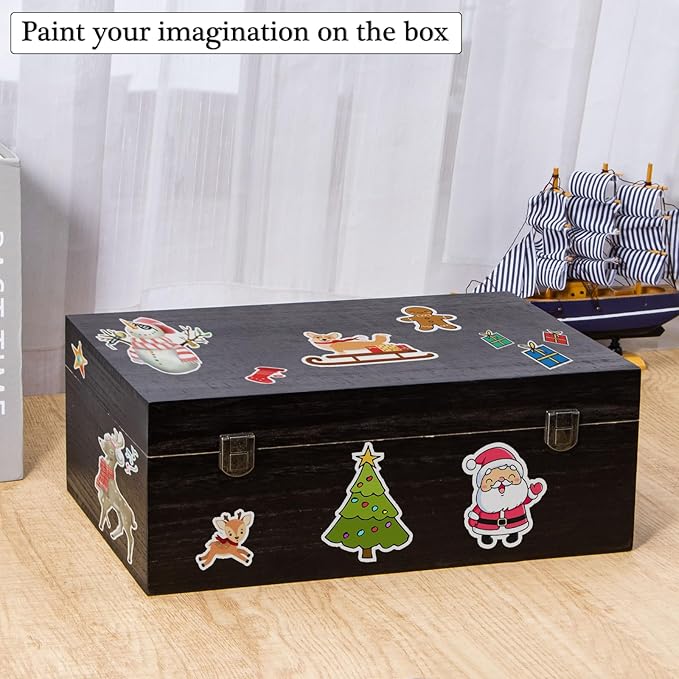 Black Wooden Storage Box with Hinged Lid and Front Clasp, 12.2''x8.6''x4.7'' Large Wooden Box, Wood Gift Boxes for Crafts Art Hobbies and Valentine's Day Decoration