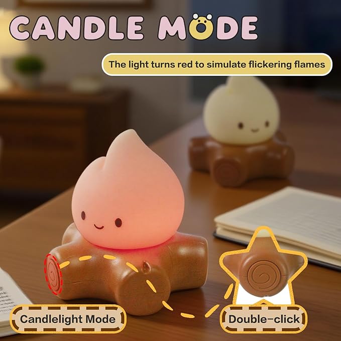 Cute Fake Campfire Lamp with White Noise, 5 Soothing Sounds & Flickering Flame Light, Rechargeable Portable Night Light for Sleep, Relaxation, Camping Decor & Gifts (White Noise Version)