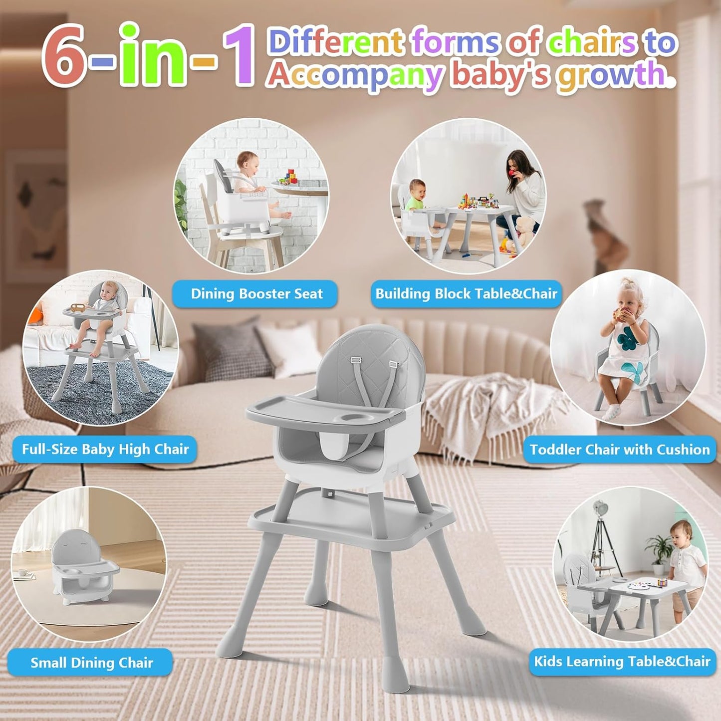 6 in 1 Baby High Chair for Babies and Toddlers, Booster Seat, Kids Learning Table & Chair (Grey)