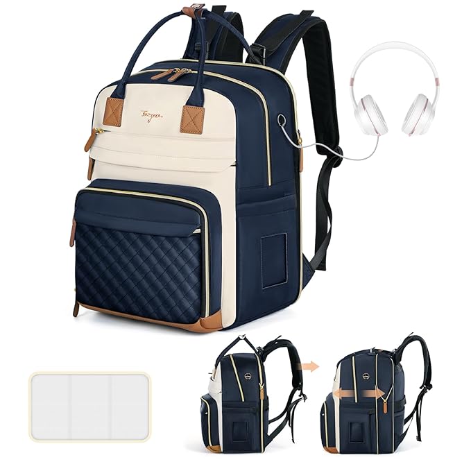 Diaper Bag Backpack - Extra Large Diaper Bag for 2 Kids Twin, Travel Baby Bags for Mom Dad 25-37L Expandable with Changing Pad Earphone Hole, Apricot Blue