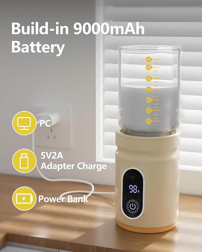 Portable Bottle Warmer,Travel Baby Bottle Heater, Rechargeable Milk Warmer with Glass Bottle for Storing Breastmilk Formula, Quick Heating 4-Level Temperature & Automatic Warm-Keeping