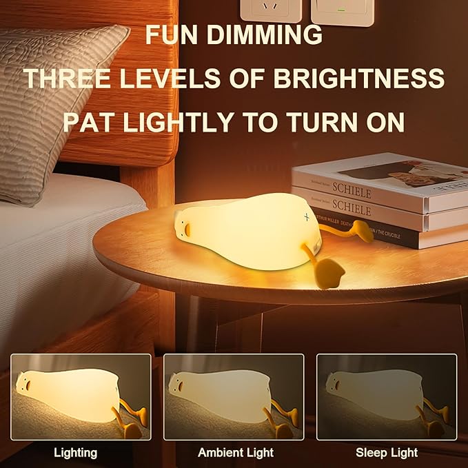 Duck Night Light, Rechargeable Silicone Squishy Duck Lamp with 3-Level Dimmable Touch Control, Lying Flat Duck Nightlight for Kids Nursery Bedroom Breastfeeding, Soft LED Bedside Lamp