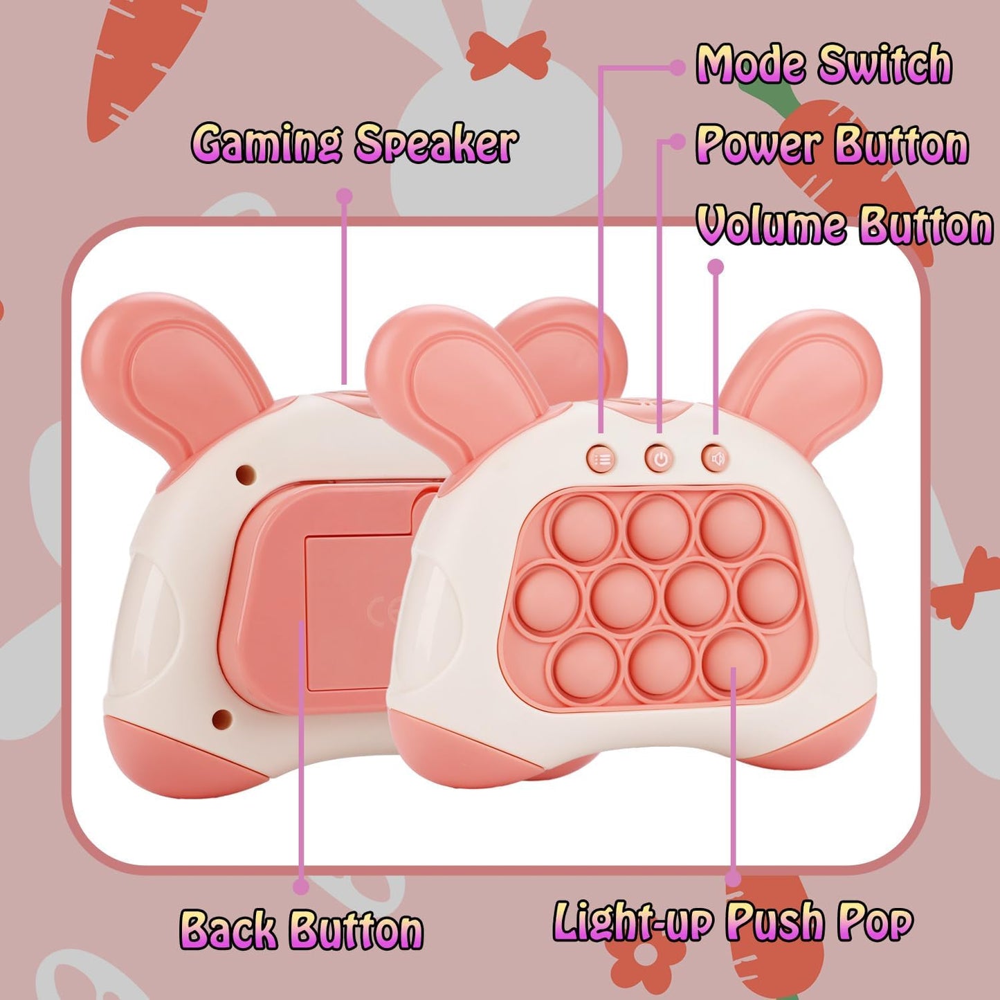 Fast Push Game, Bunny Ear Handheld Speed Push Bubble Game Console, Light up Pop Game Sensory Fidget Toys for Kids, Autism Sensory Toys,Birthday Easter Toy for Boys Girls Adults(Pink)
