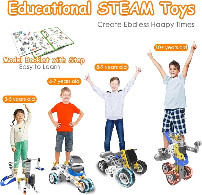 10 in 1 Electric Stem Toys for 5 6 7 8 9+ Year Old Boys Toy Building Blocks Set Stem Kit Kid Age 4-8 5-7 8-10 Educational Creative Game Construction Activities Robot Excavator Birthday Gift Idea