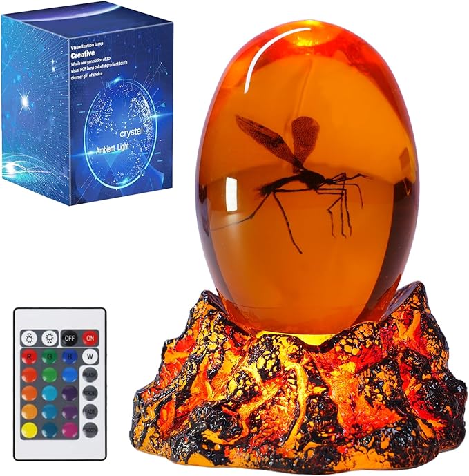 Jurassic 3D Mosquito in Amber Resin, Mosquito Resin with Volcanic Lava Lamp Base with Remote 16 Colors Flshing RGB Dimmmable, True 3D 3.3 Inches Tall Dinosaur DNA Replica Paper Weight Gifts