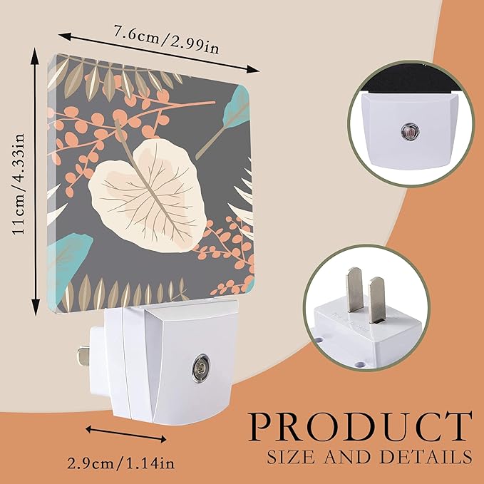 Tropical Leaves Night Light - Plug into Wall, Blue Orange and Black Flowers Night Light with Dusk to Dawn Sensor for Room Decor, Hallway, Kitchen, Bathroom