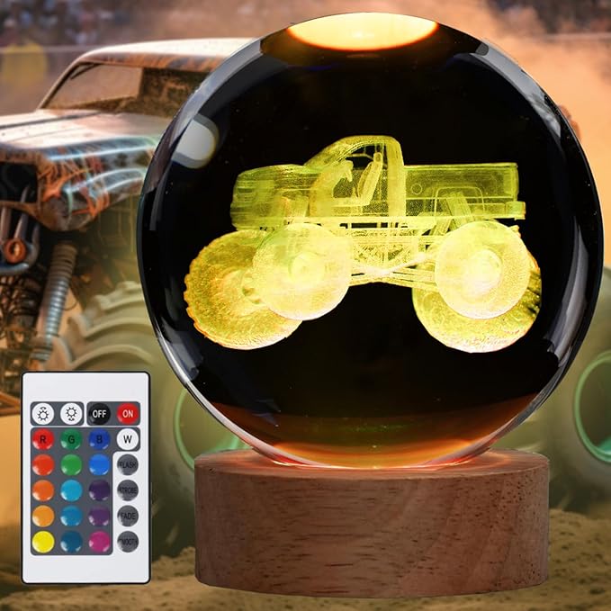Monster Truck Night Light, Monster Truck Gifts, 3D Crystal Ball Night Light with Remote Upgraded 3.15 Inch Lamps with 16 Color for Birthday Xmas Cool Figurines Gifts for Room Decor Boys Girls