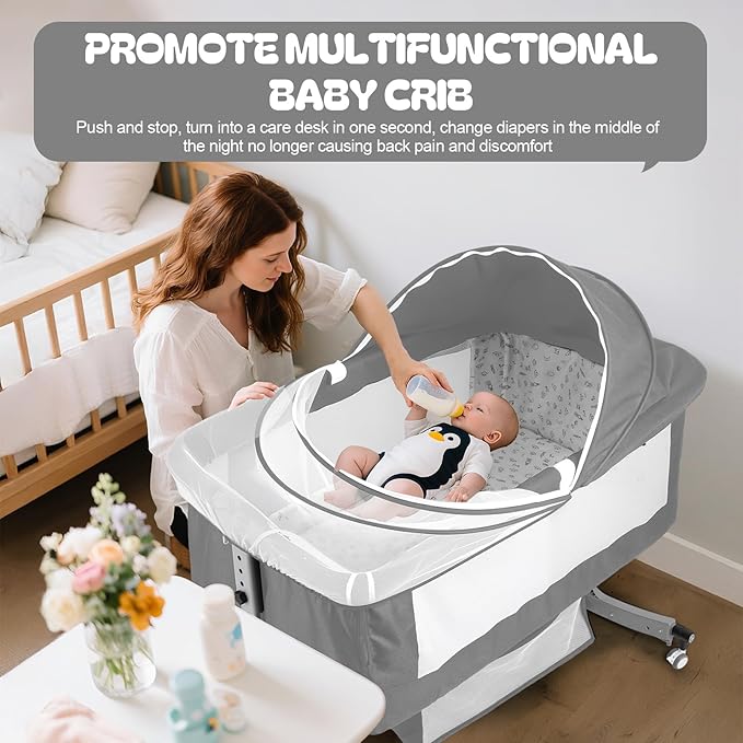 Baby Bassinet Bedside Crib 4-in-1 with Changing Table, 6 Height Adjustable Baby Crib with Mosquito Net & Storage Basket, Portable Cradle Bassinet for Newborn Infant (Grey)