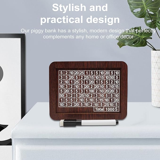 10000 Savings Challenge Box, Money Saving Box with Money Target and Numbers, Cash Vault Wooden Savings Box, Wooden Money Box, Coin Counter Piggy Bank for Adults, Wooden Coin Bank for Kids 1,000