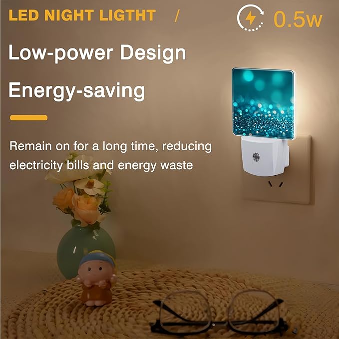Night Light Teal and Turquoise Sparkle Night Lights Plug into Wall Smart Dusk to Dawn Sensor 0.5W Energy Efficient Led Lamp for Men Women Bedroom Bathroom Hallway Stairway Decor