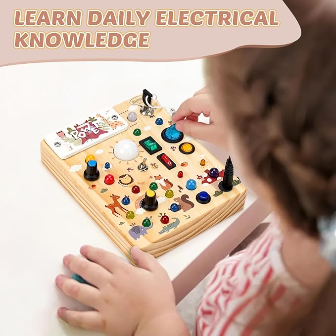 Joyreal Wooden Busy Board with LED Light, Montessori Toddler Toys, Wooden Sensory Board, Toddlers Activity Travel Toys for Boy & Girl Birthday Gift (Forest Theme)