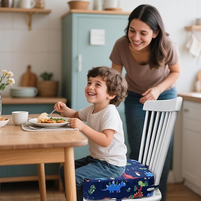 Toddler Booster Seat for Dining Table, Portable Kids Booster Seat with Safety Buckles Portable Increasing Booster Cushion with Non-Slip Bottom (Blue Dinosaur)