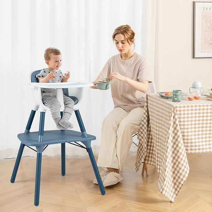 BABY JOY High Chair, 5 in 1 Convertible Highchair for Babies & Toddlers | Booster Seat | Table and Chair Set | Infant Feeding Chair with Removable Tray, Safety Harness, Removable Cushion (Blue)