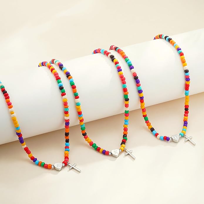 Colorful Initial Necklaces for Girls Women Kids - Teen Girls Gifts Trendy Cross Cross Beaded Initial Necklace Dainty Letter Gifts Choker Necklace for Girl Jewelry