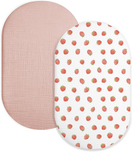 Bassinet Sheet for Baby Boy Girl 2 Pack, Fitted Sheets for Rectangle, Oval, Hourglass Bassinet Mattress, Muslin Moses Basket Sheets (Strawberry & Pale Pink, Bassinet Sheet)