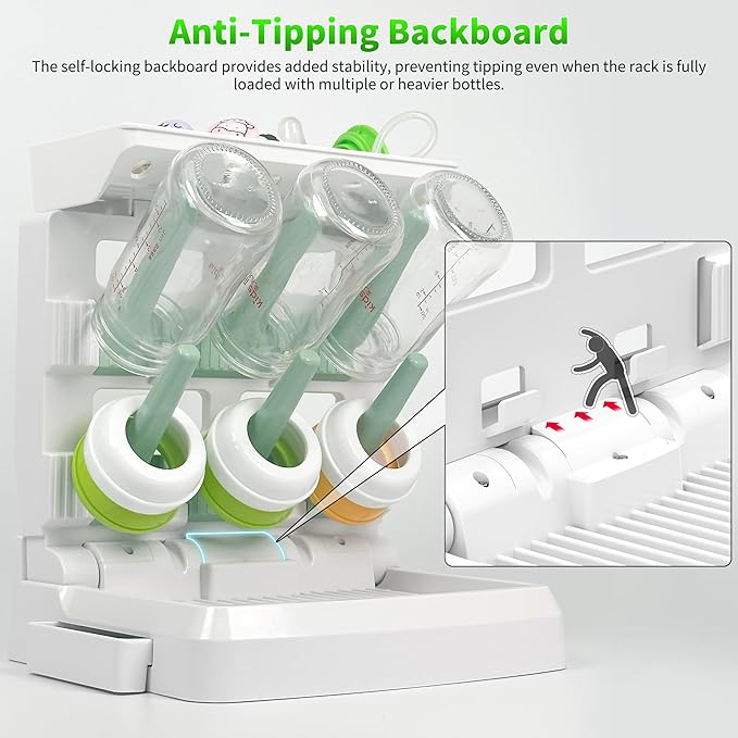 Baby Bottle Drying Rack for 6 Bottles, Vertical Cup Drying Holder, Space Saving Countertop Standing Bottle Dryer Rack for Baby Accessories & Pump Parts（Small White&Green）