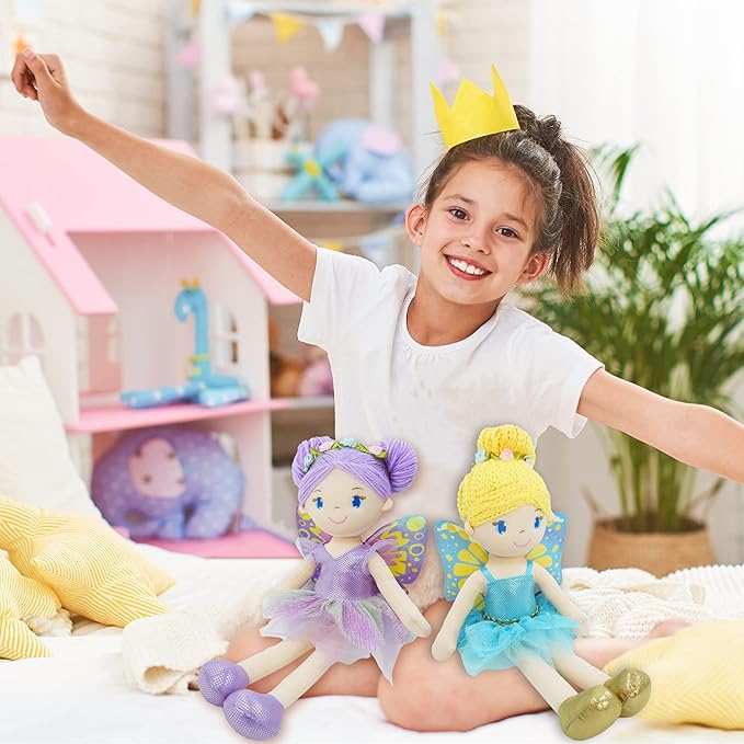 June Garden 16" Enchanted Garden Fairy Doll Fayetta - Plush Stuffed Soft Doll Girl Gift - Blue Outfit and Wings