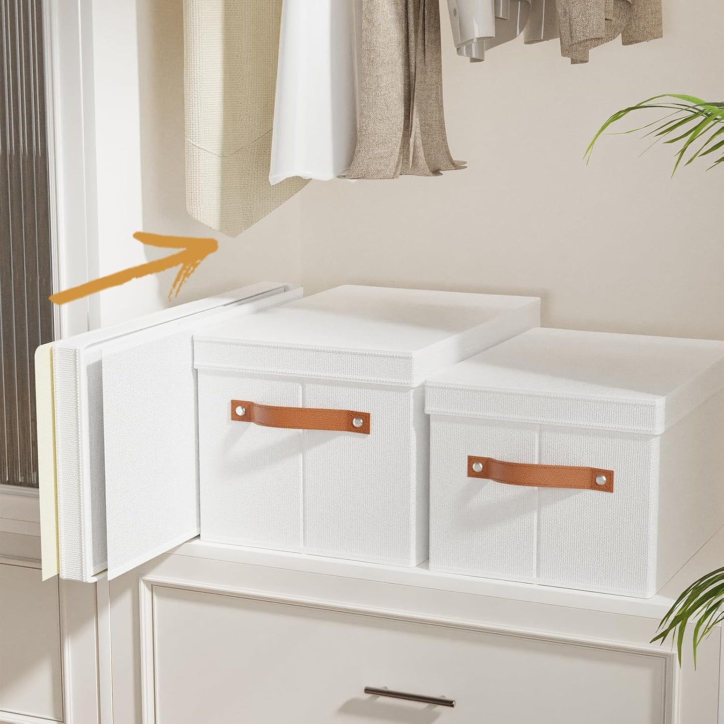 Fabric Storage Bins, Clothes Boxes for Shelves with Lids, Baskets for Organizing with Handles, Decorative Linen Closet Organizers, White, 5 Pack, 15 x 9.8 x 8.3 Inch