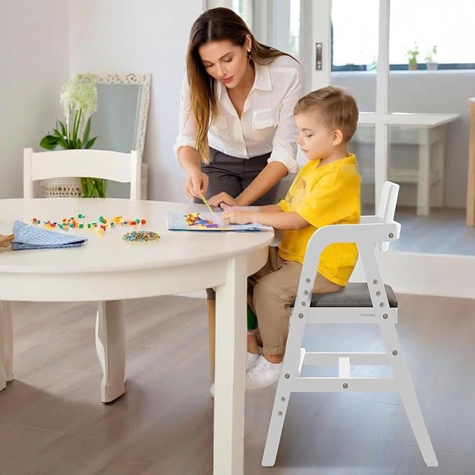 Wooden High Chair Baby Highchair, Portable HighChair for Babies & Toddlers, Adjustable and Convertible Kids Dining Chair with Removable Cushion, Easy to Clean, Water Resistant (White)