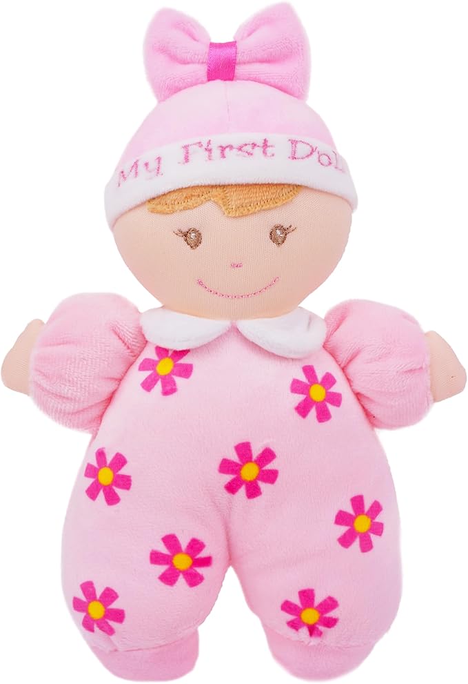 June Garden 9" My First Doll Sienna - Soft Plush Baby Doll with Rattle - Pink Outfit