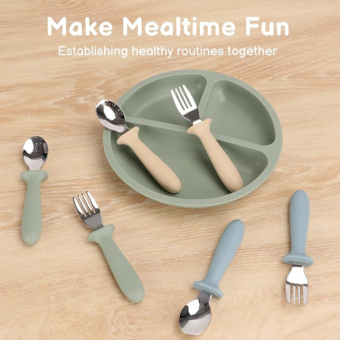 Toddler Utensils, 6 Pack kids Silverware Set with Silicone Handle, 18/8 Stainless Steel Children Safe Forks and Spoons, Dishwasher Safe