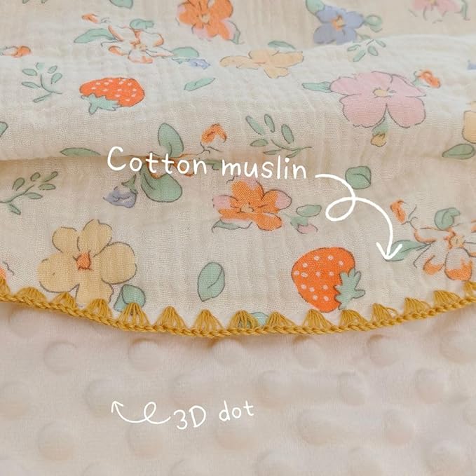 Baby Swaddel Blanket Cotton Muslin Thick Crib Bedding Dotted Backing Double Layer Receiving Blanket 40"x40" (Strawberry Flower)