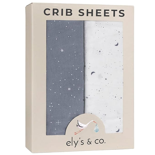 Ely’s & Co. Crib Sheets, Baby Boy Fitted Crib Mattress Sheet Set, 2 Pack, 100% Jersey Knit Cotton, Infant and Toddler Nursery Bedding, Celestial Blue Print, 28” x 52”
