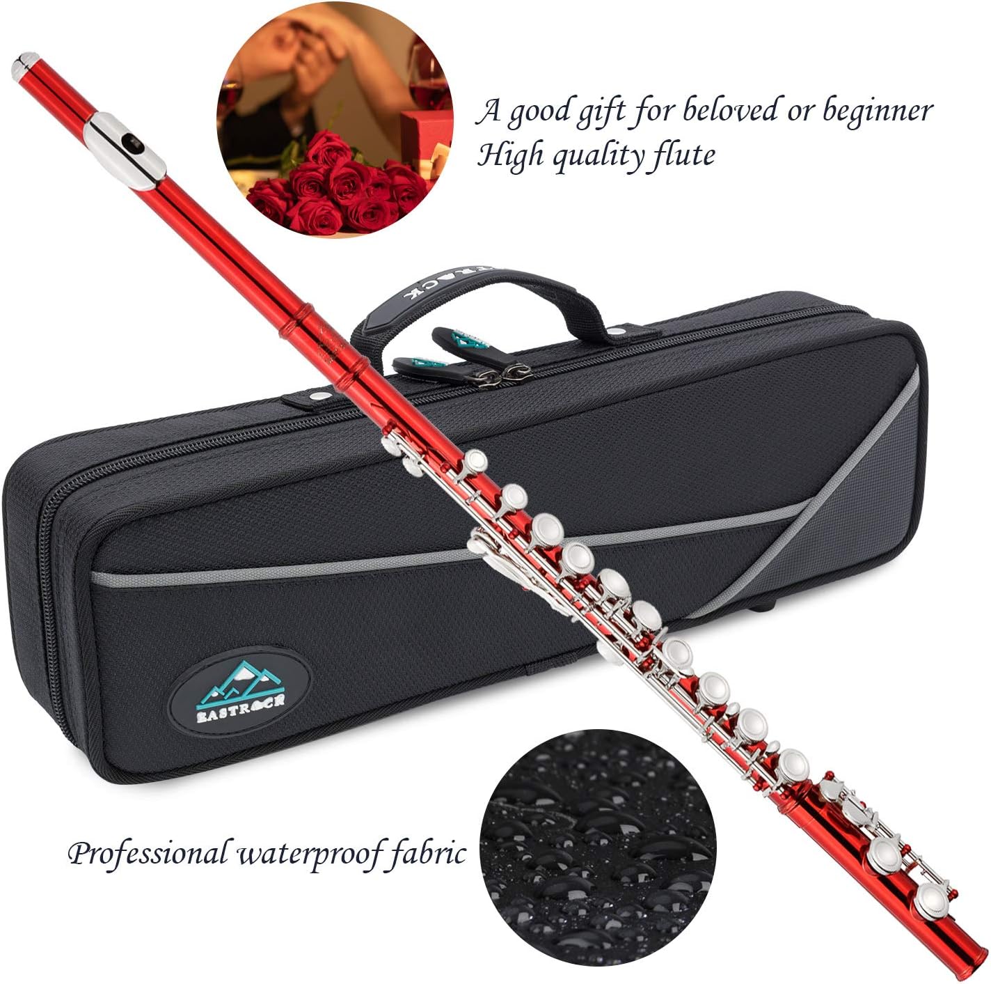EastRock Closed Hole Flutes C 16 Key for Beginner, Kids, Student -Nickel Flute with Case Stand and Cleaning kit (Red)