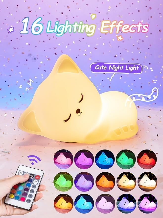 Mubarek Night Light for Kids, 16 Colors Dimmable Night Light lamp, Remote Silicone NightLight for Baby Nursery, Rechargeable Cute Lamp Cat Lamp,Timer Toddler Nightlight for Kids Room