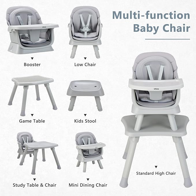 INFANS 8 in 1 Baby High Chair, Convertible Highchair for Babies and Toddlers, Infant Dining Booster Seat, Building Block Table, Kids Stool Table Chair Set with Removable Tray